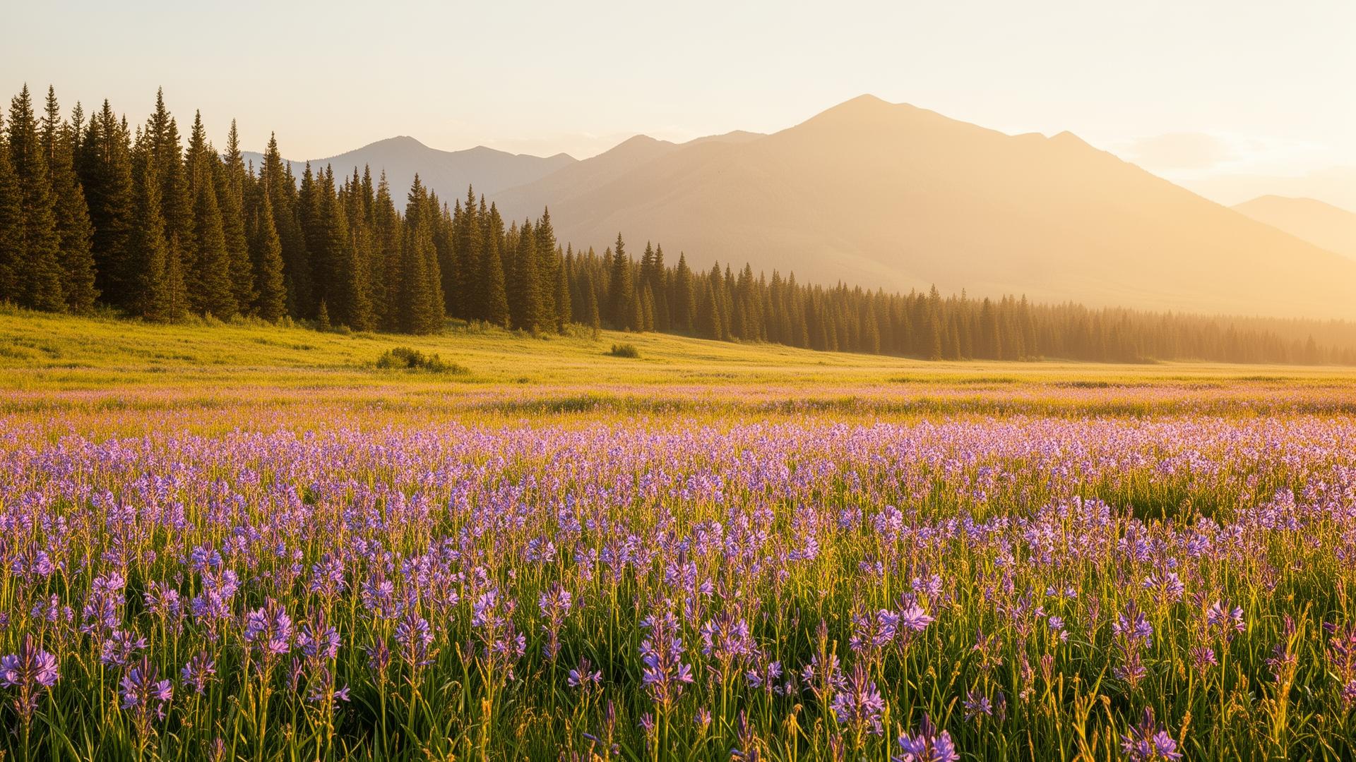 A Montana meadow filled with camas wildflowers at golden hour
