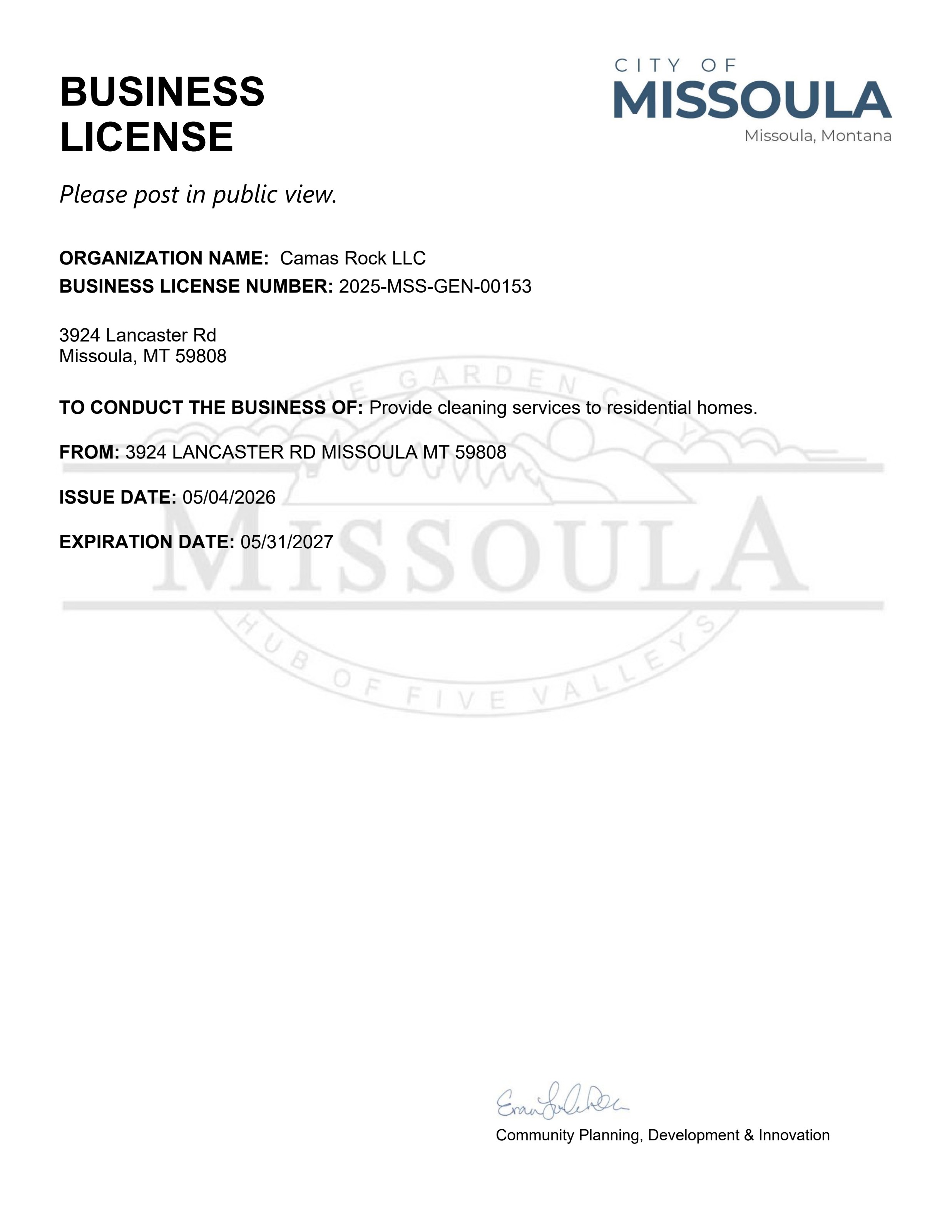City of Missoula business license issued to Camas Rock LLC